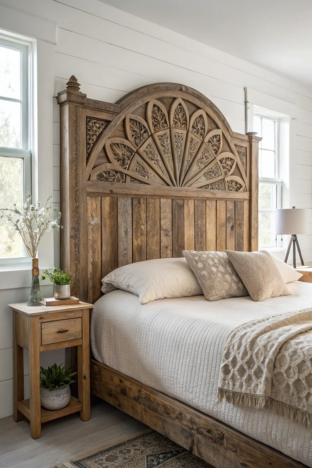 Embrace rustic elegance with a reclaimed wood headboard that brings warmth and charm to your minimalist sanctuary.