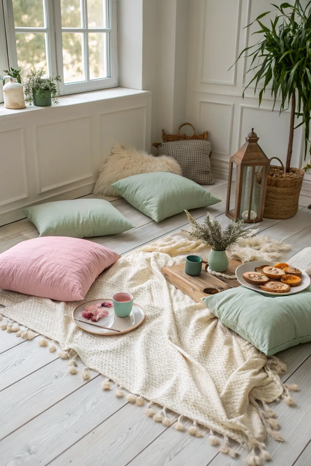 Create a serene indoor picnic oasis with layers of soft textures and soothing hues.