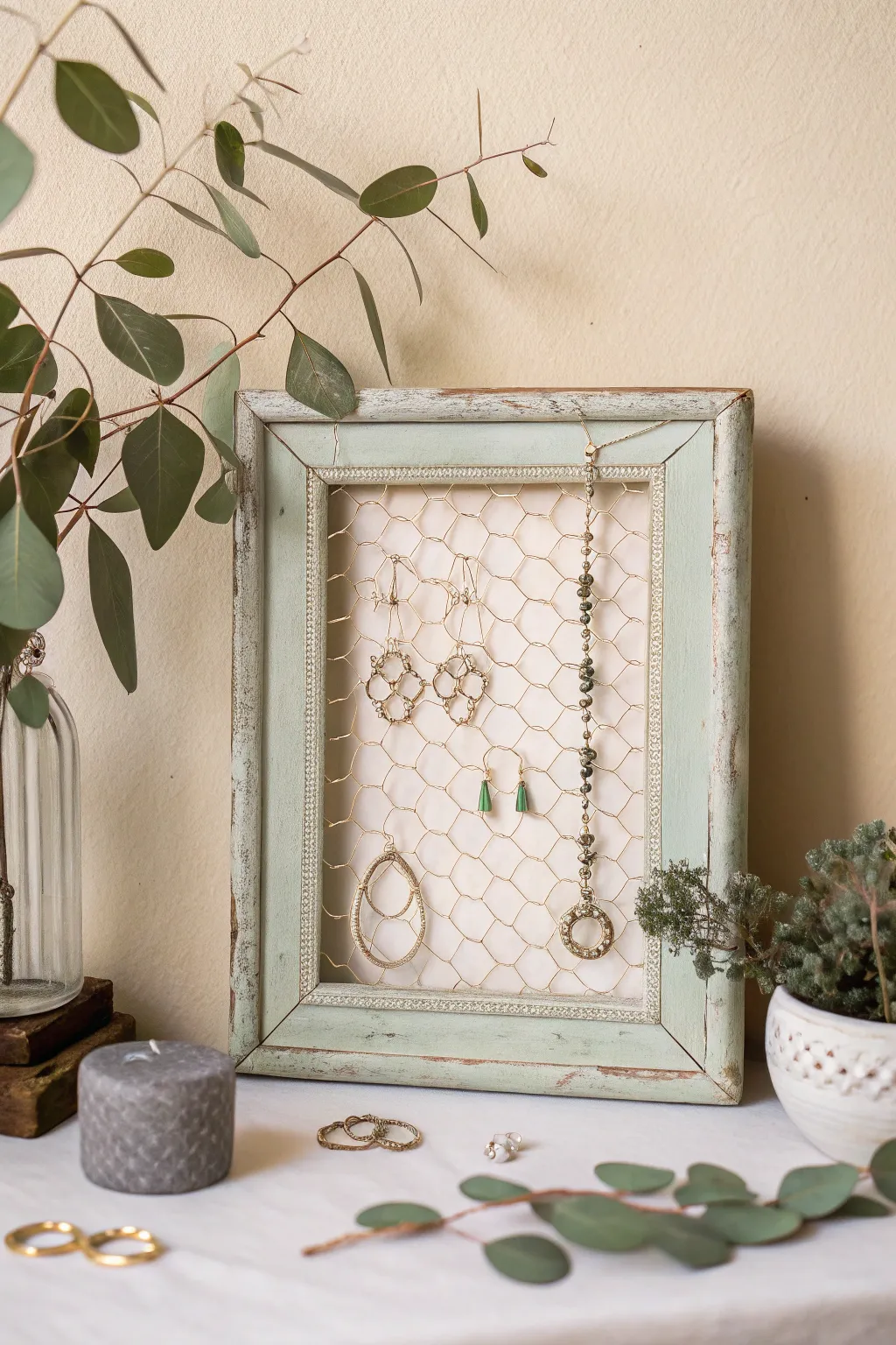 Elevate your jewelry display with this chic, repurposed frame organizer—a perfect blend of simplicity and vintage allure.