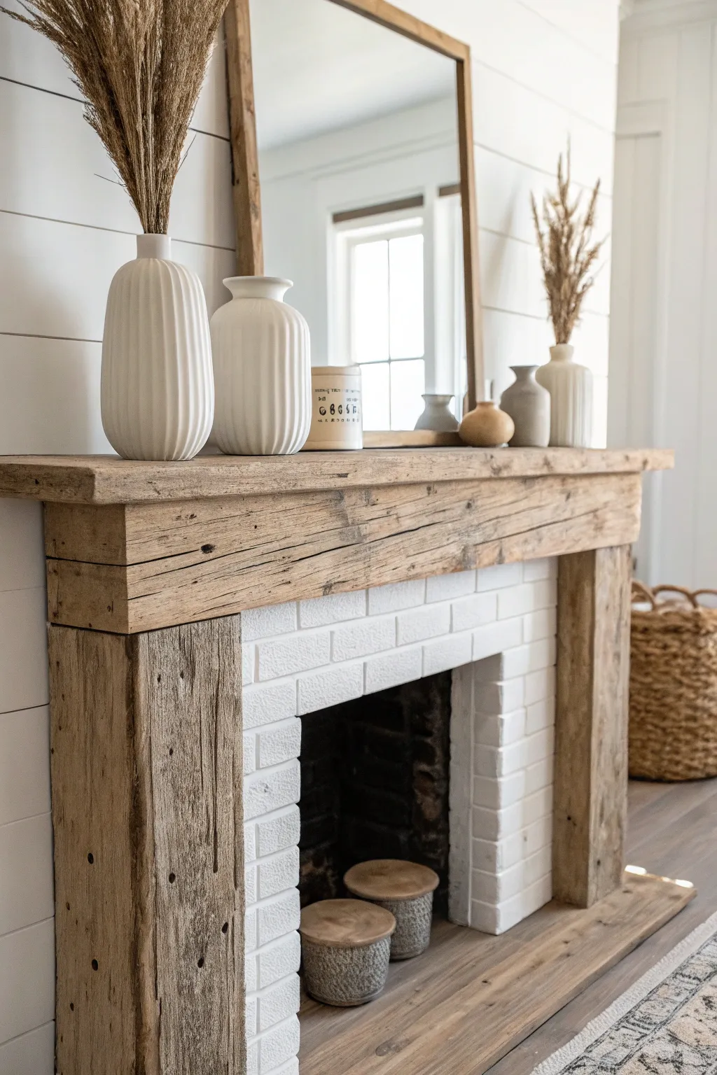 Elevate your space with the rustic elegance of a reclaimed wood mantel, where simplicity meets natural beauty.