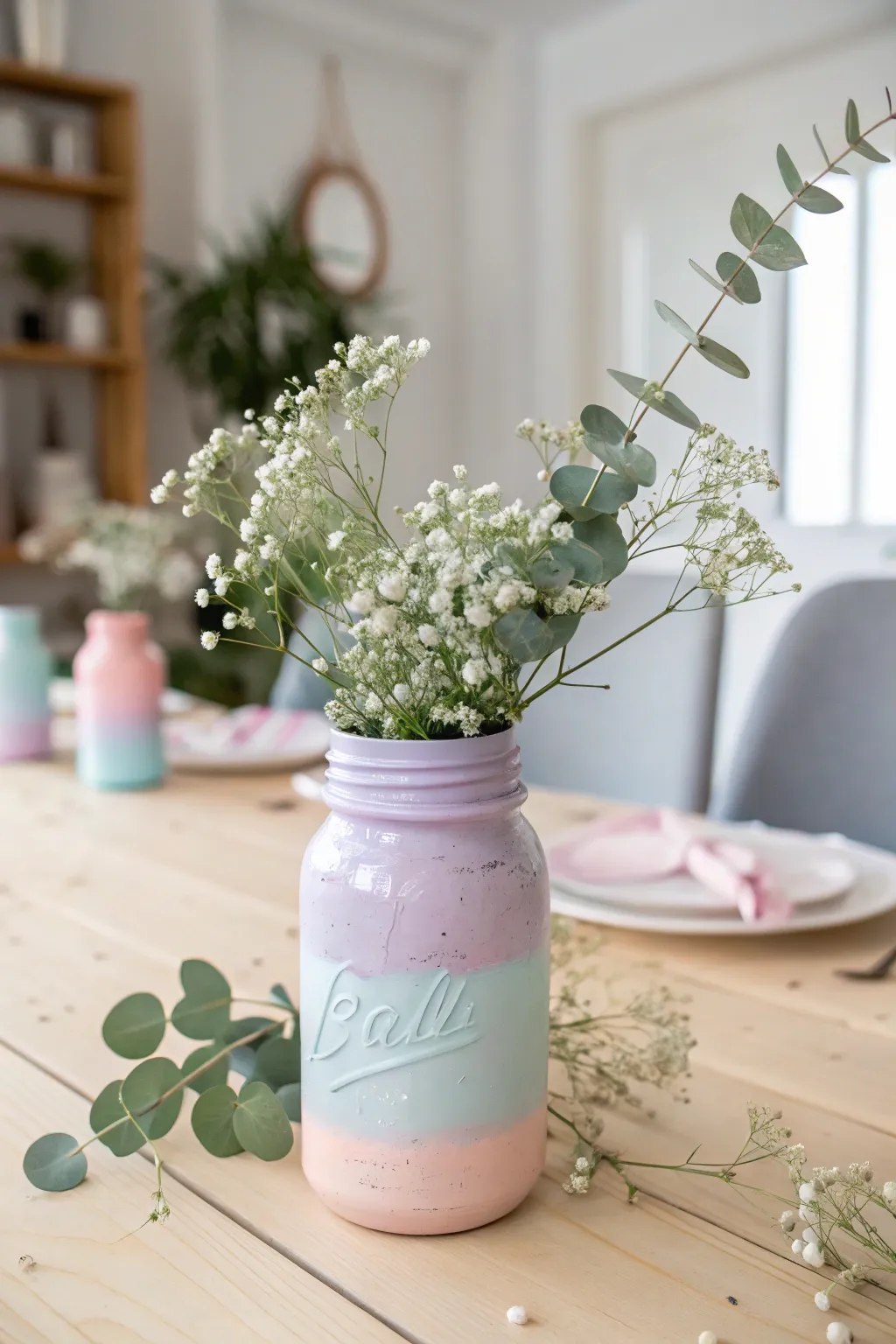 Add a touch of dreamy elegance to your baby shower with pastel-painted mason jar centerpieces.