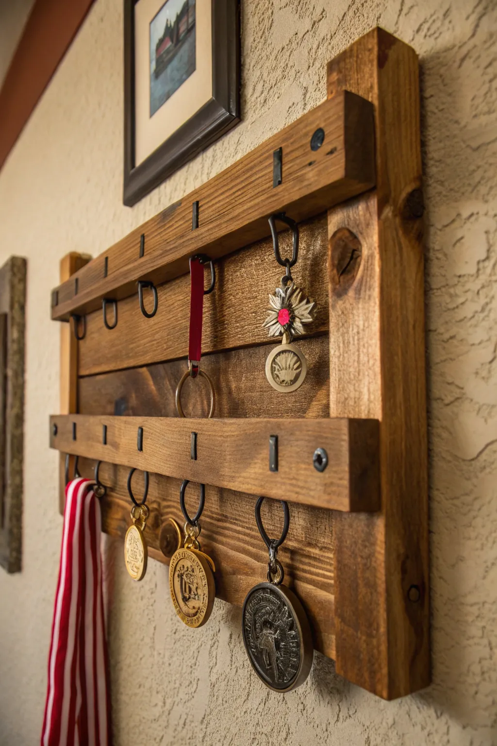 Showcase your triumphs with this handcrafted rustic wooden rack, where history and innovation meet.