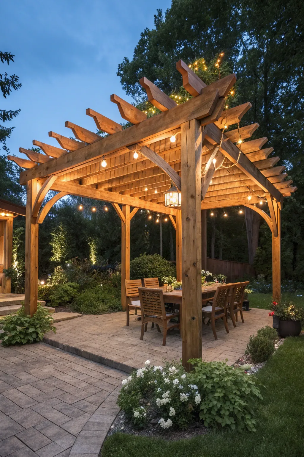 Create a magical evening escape with a handcrafted pergola and twinkling string lights.