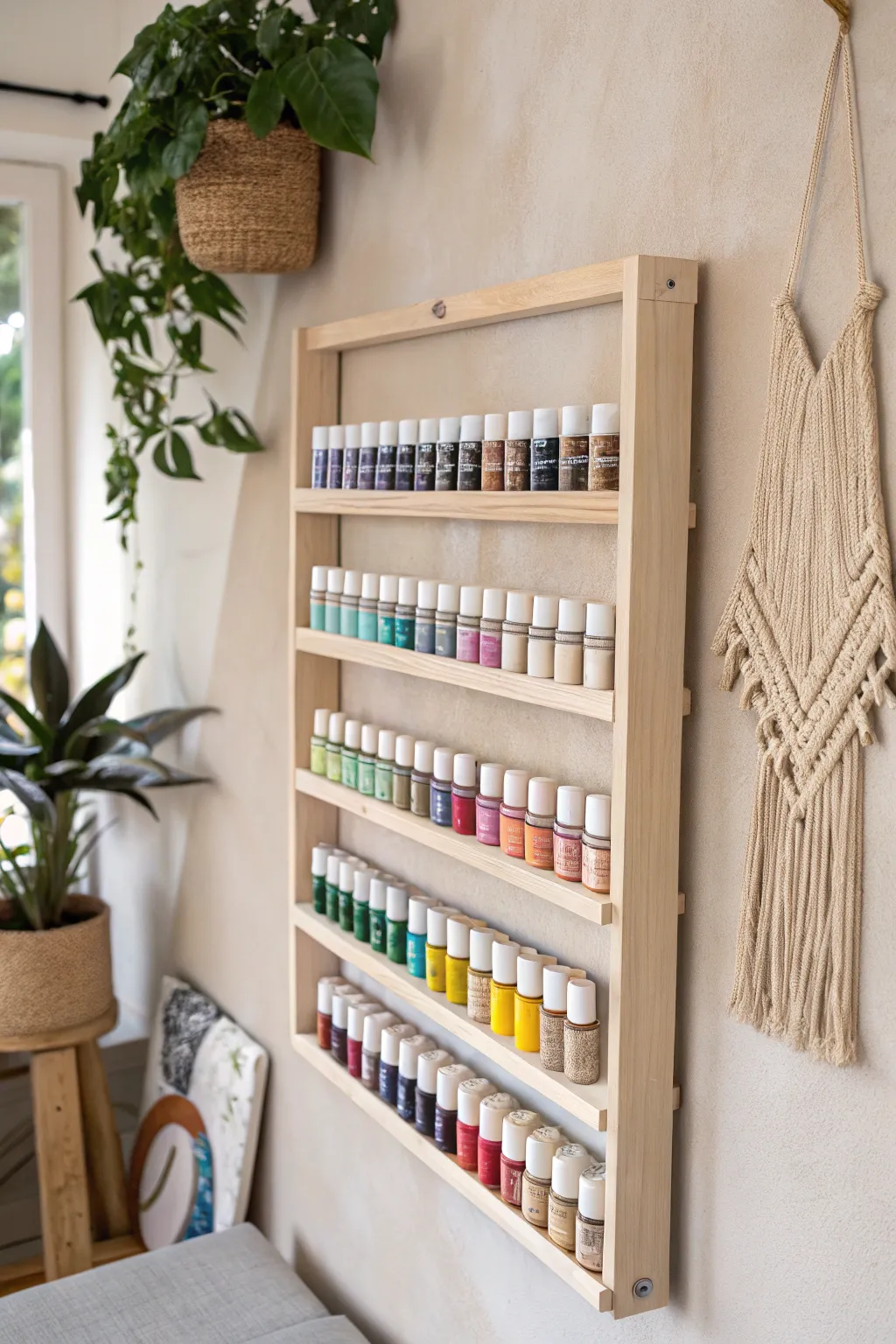 Transform your paint collection into a stunning display with this chic wall-mounted rack. Perfect harmony of organization and aesthetic appeal!