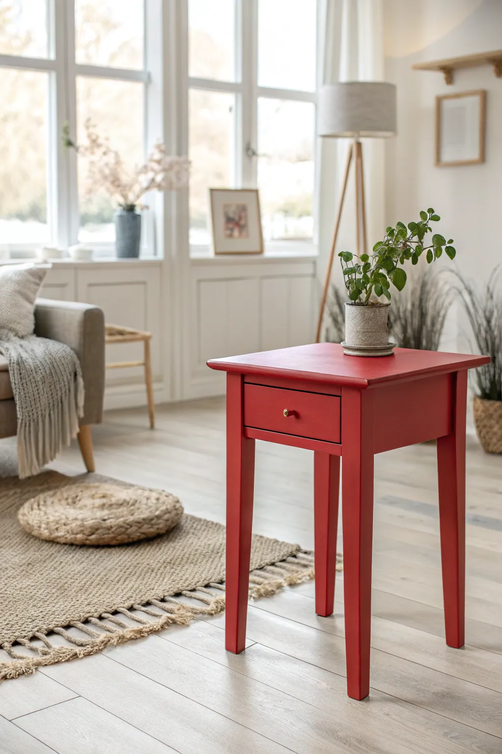Transform your space with a bold color splash: a vibrant red end table that captures attention and adds a touch of artistry to minimalist elegance.