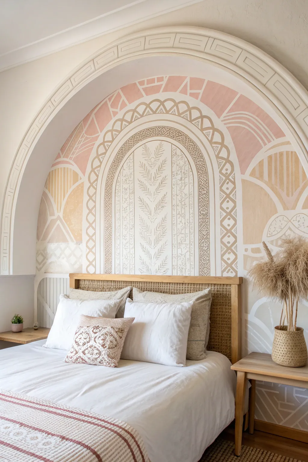 Elevate your bedroom with a playful painted wall arch: a minimalist twist for a cozy retreat.