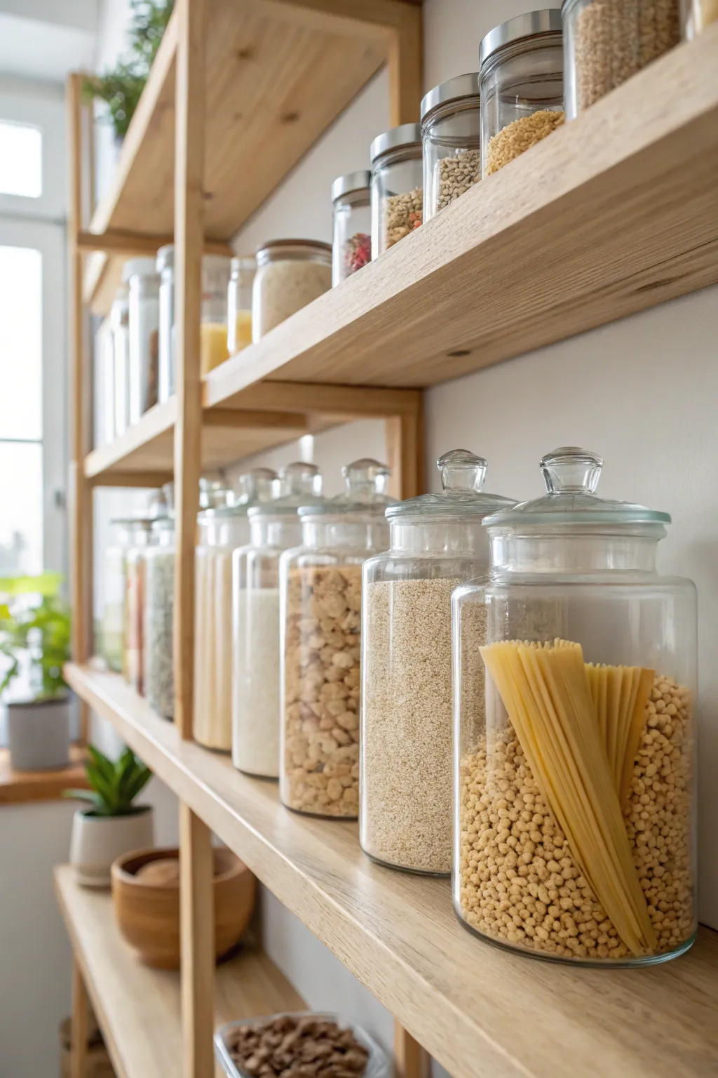 Elevate your pantry organization with clear containers for a chic, minimalist look that keeps essentials in sight.