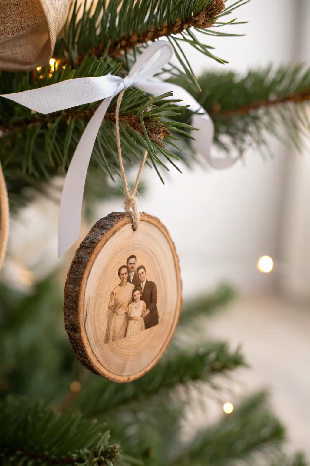 Crafted with love: A rustic wood slice ornament with a cherished photo, perfect for your minimalist holiday decor.