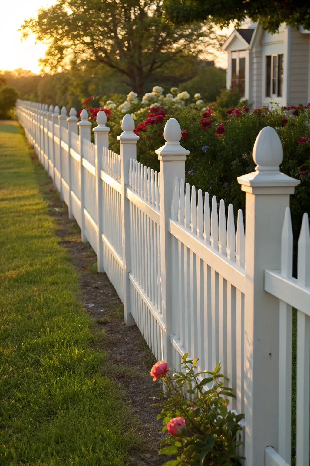 Embrace the storybook charm with a classic white picket fence that stands the test of time.