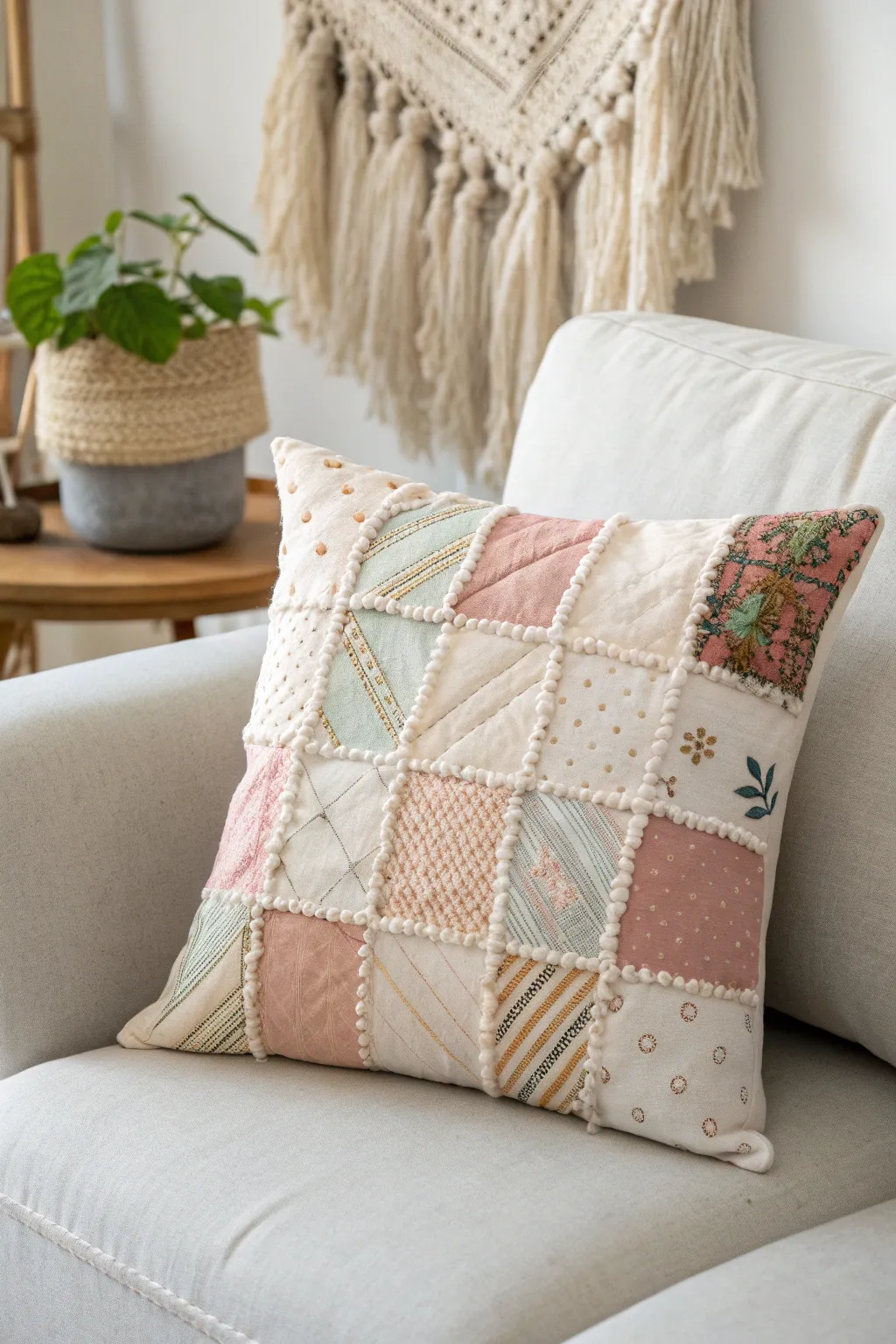 Add a touch of charm and warmth to your home with a unique patchwork pillow crafted from fabric scraps.