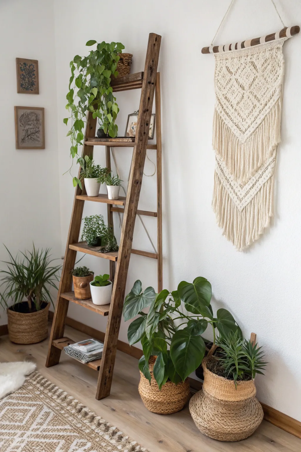 Elevate your greenery with rustic charm: Transform an old ladder into a stunning plant stand.