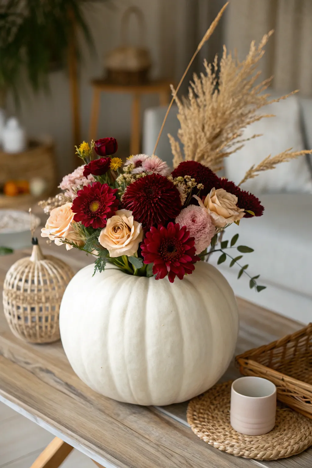Transform your autumn decor with a chic floral pumpkin vase – where simplicity meets natural beauty.