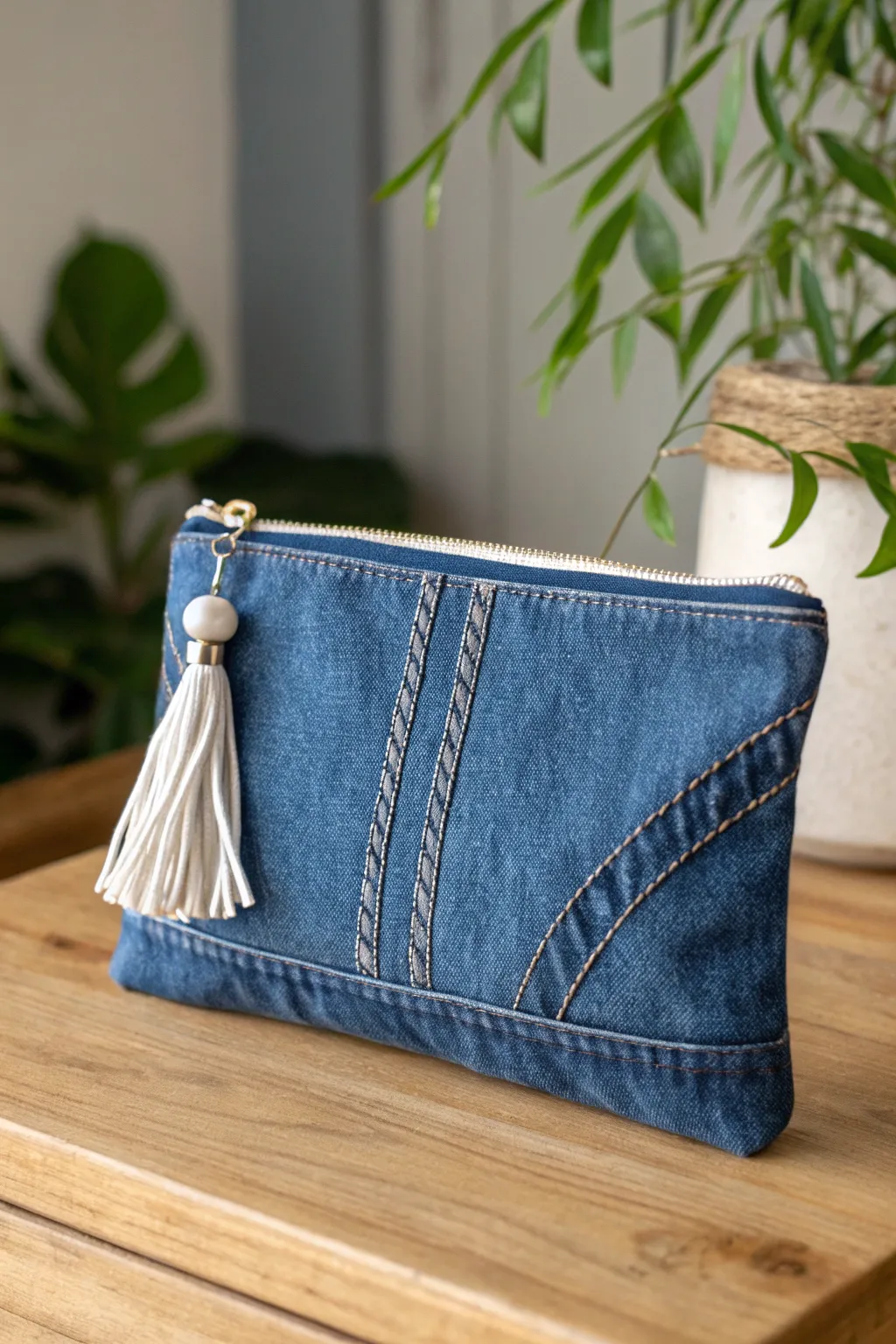 Turn your old jeans into a chic denim clutch with a boho twist. Embrace sustainable style!