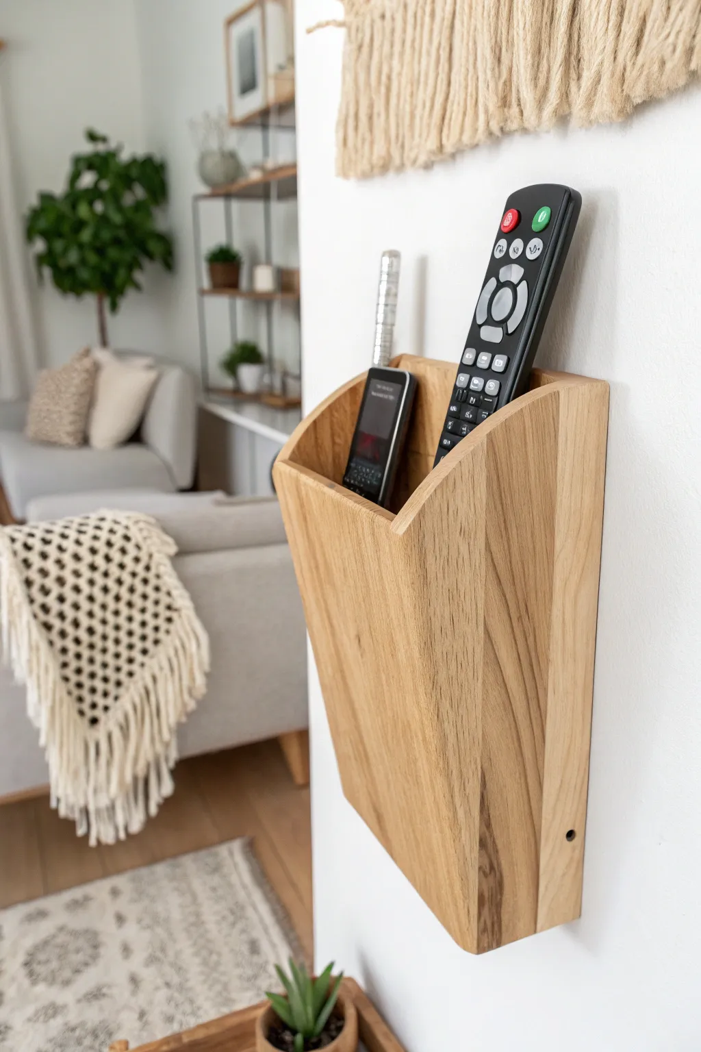 Elevate your living space with minimalist elegance: A handcrafted wooden remote holder that blends simplicity with style.