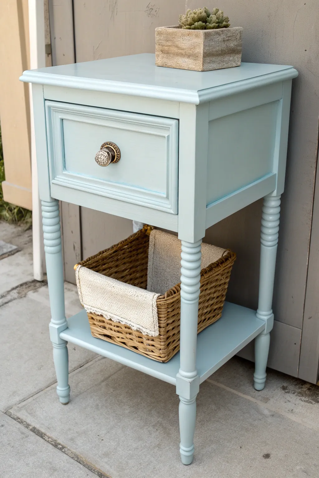 Transform your space with the magic of chalk paint: a serene, vintage nightstand in soft pale blue.