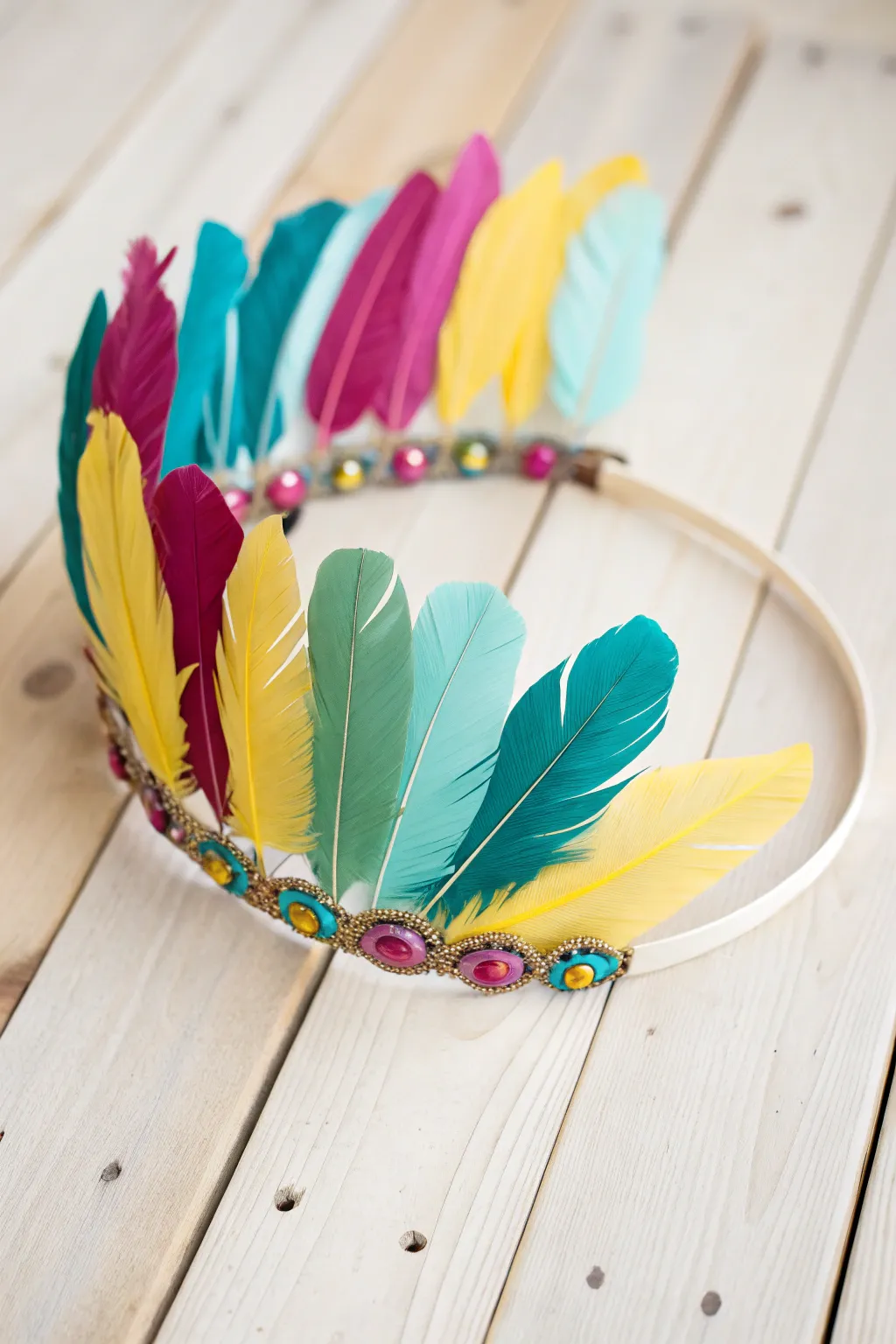 Add a splash of carnival spirit with a handcrafted feathered headpiece that blends vibrant hues and minimalist elegance!