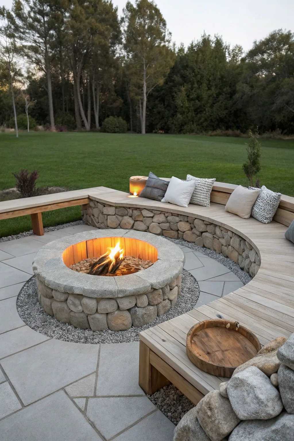 Find warmth and simplicity with this DIY stone-lined fire pit, the perfect centerpiece for your rustic backyard oasis.