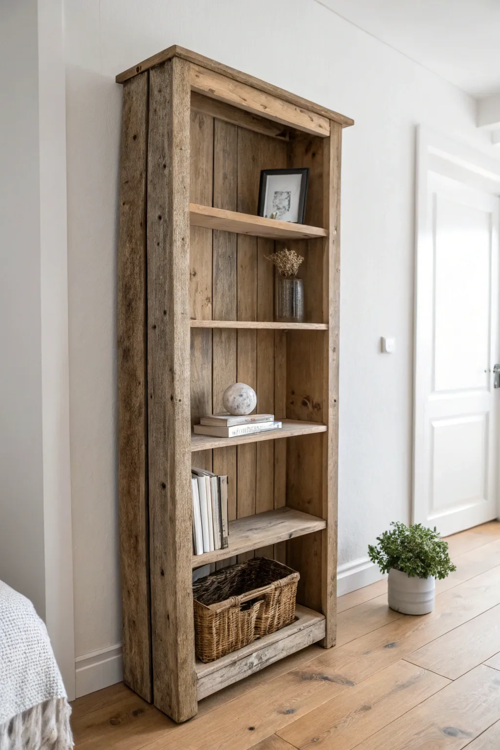 Embrace the charm of history with a rustic bookshelf crafted from reclaimed wood.