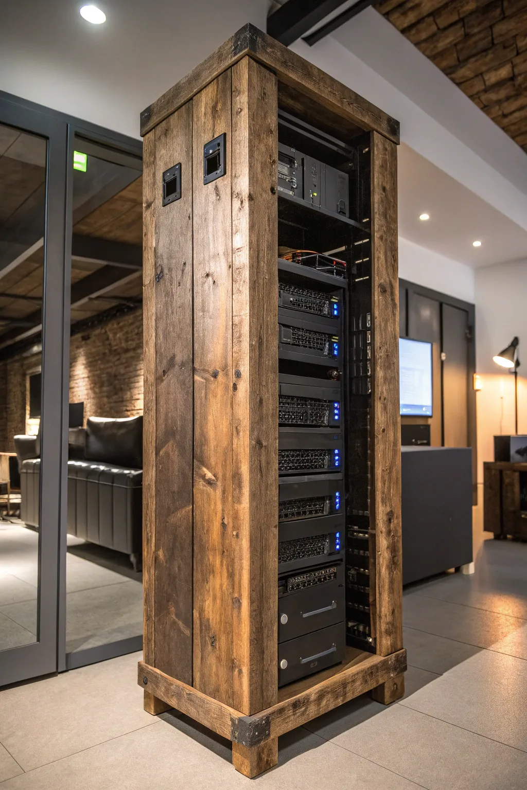 Crafting Character: Elevate your tech setup with a rustic server rack made from reclaimed wood.
