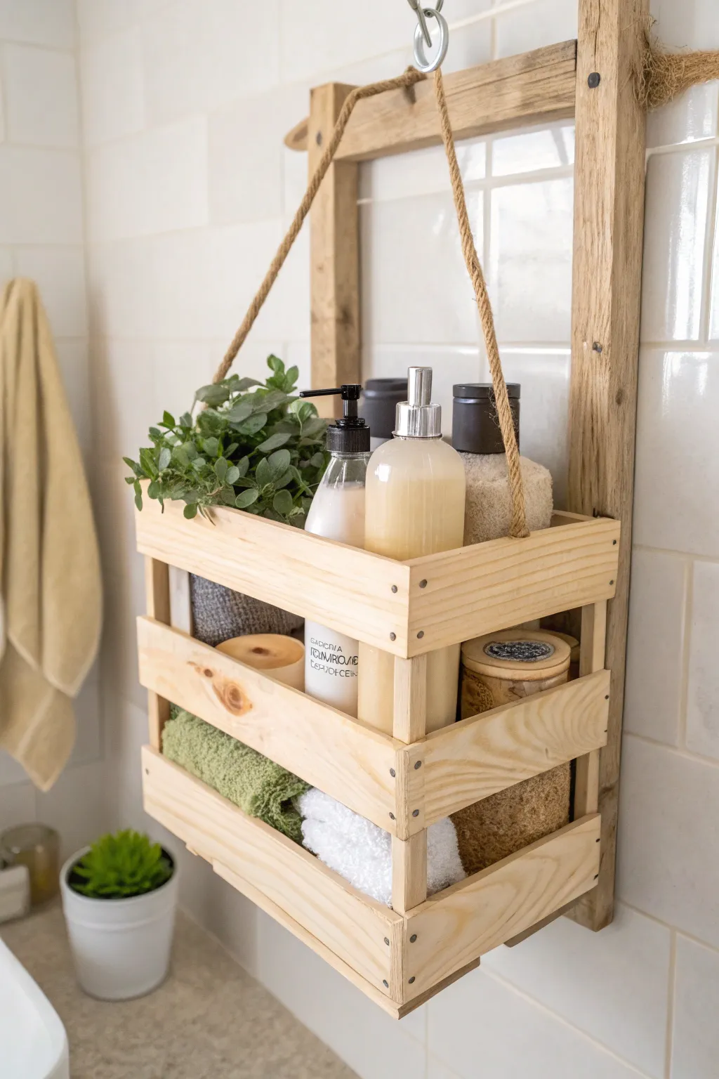 Transform a simple wooden crate into a charming shower caddy for a touch of rustic elegance in your bathroom.