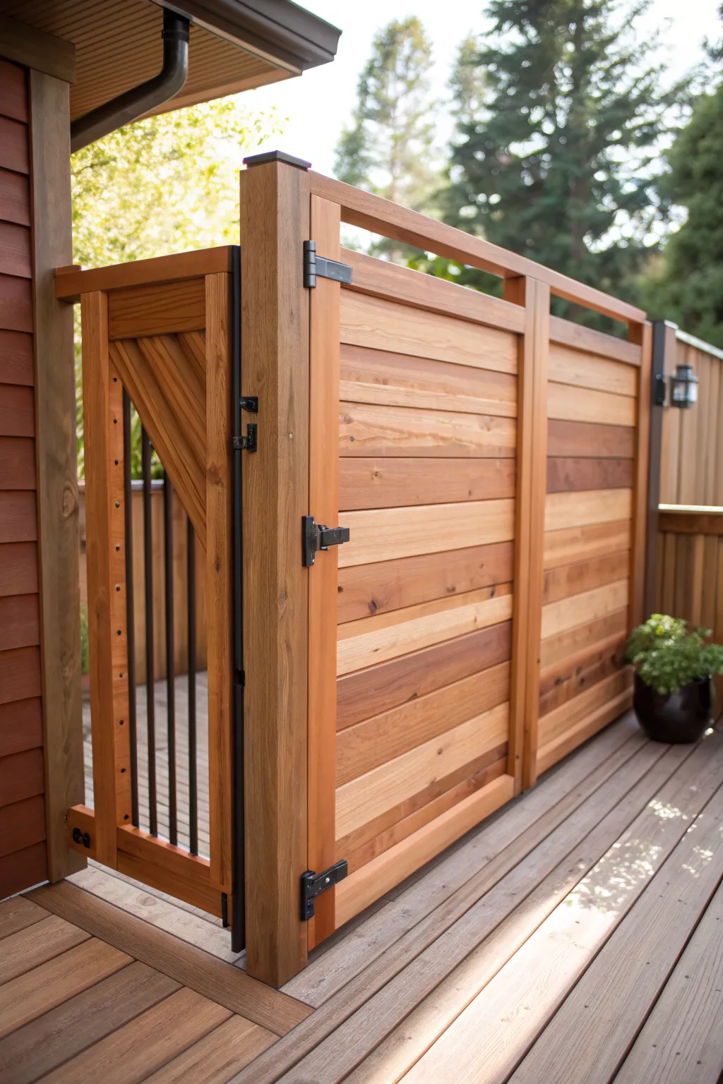 Elevate your deck with a handcrafted cedar sliding gate that combines timeless style and expert craftsmanship.