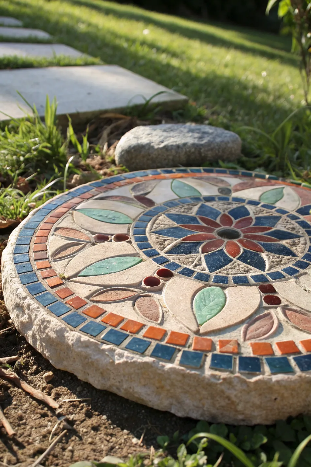 Embrace the artistry of nature with a colorful mosaic stepping stone masterpiece.