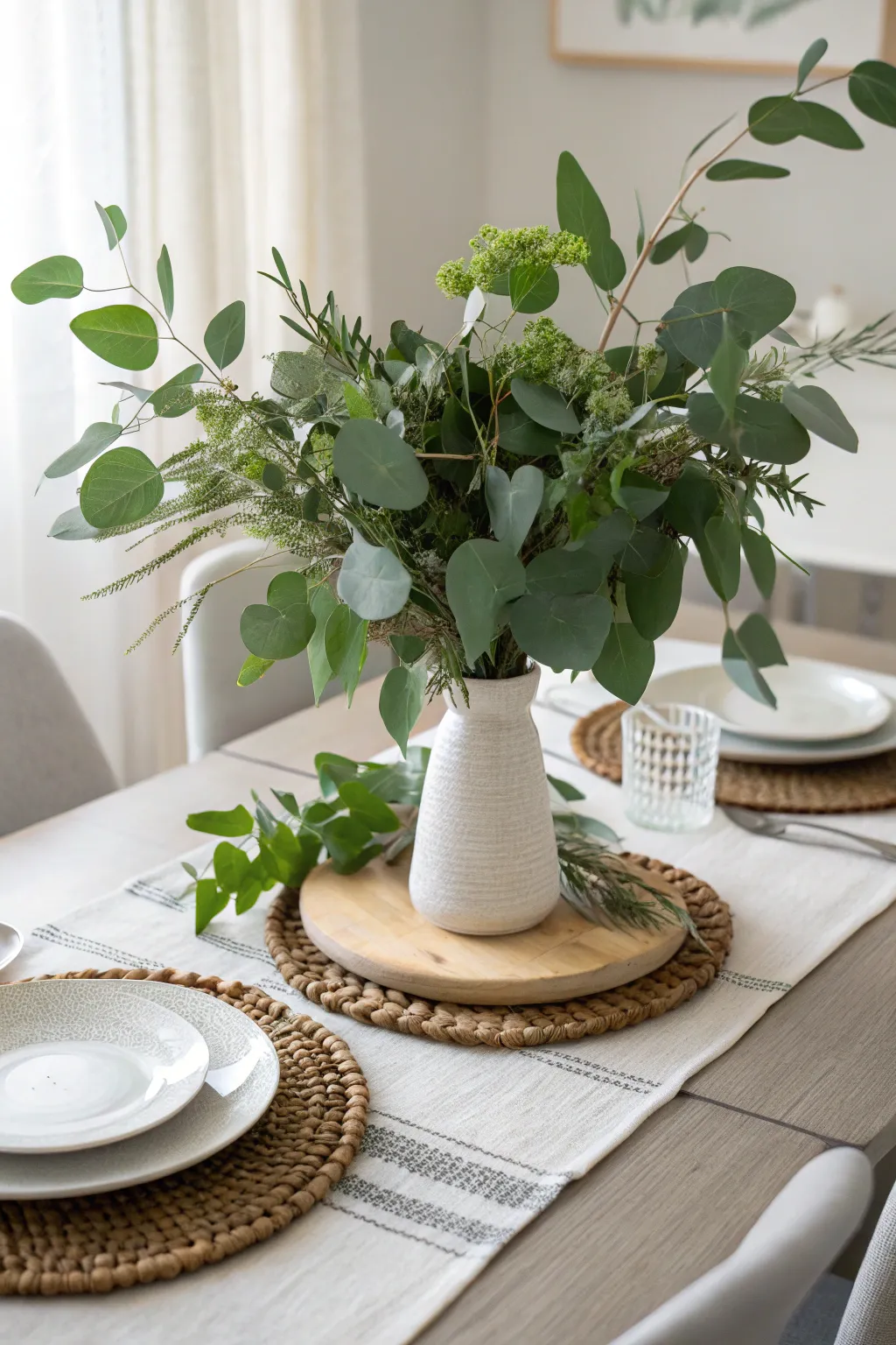 Embrace simplicity and nature with a refreshing greenery centerpiece that brings the outdoors in.