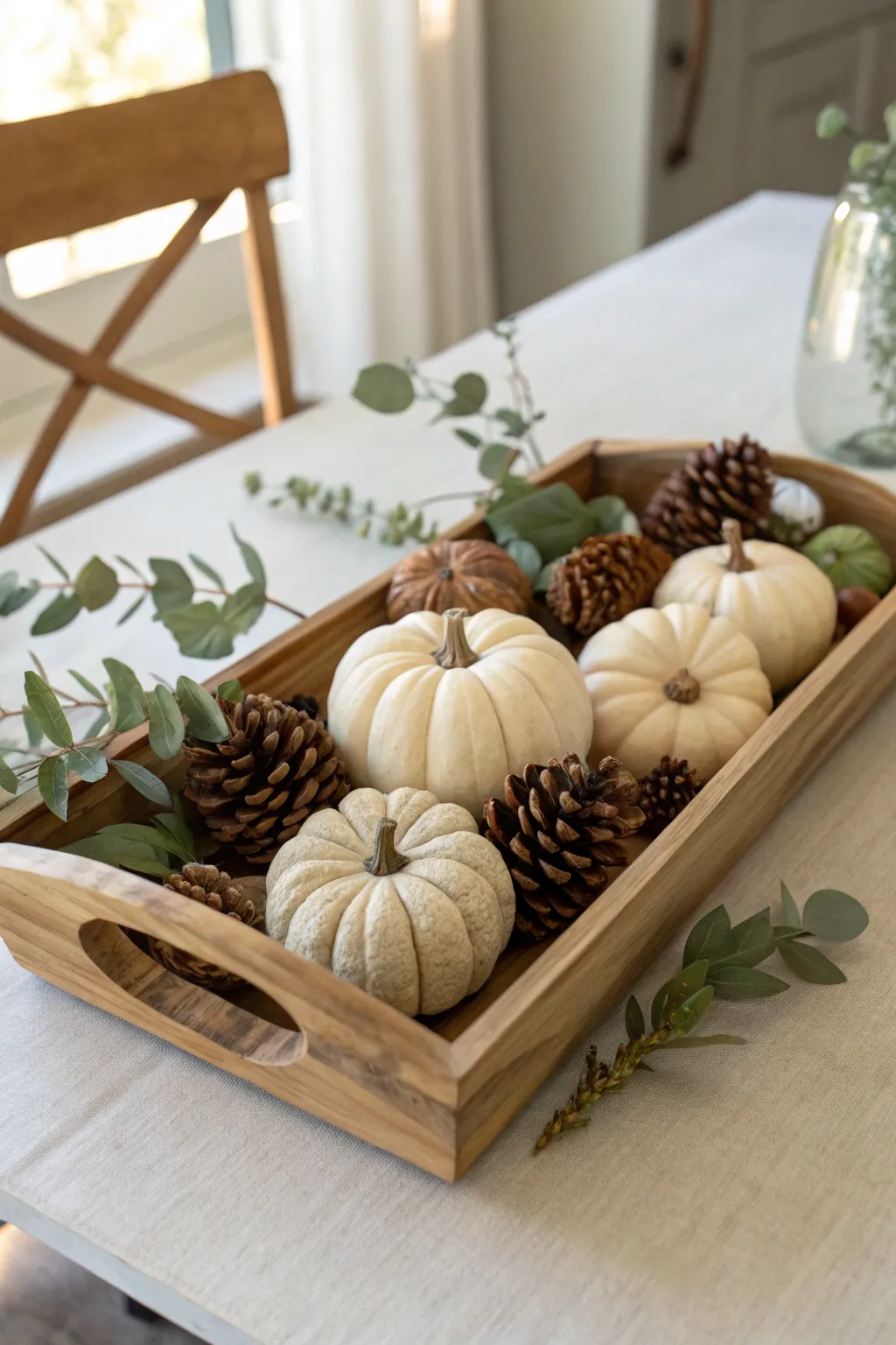 Create a cozy Thanksgiving vibe with this rustic wooden tray centerpiece, perfectly blending simplicity and natural beauty.