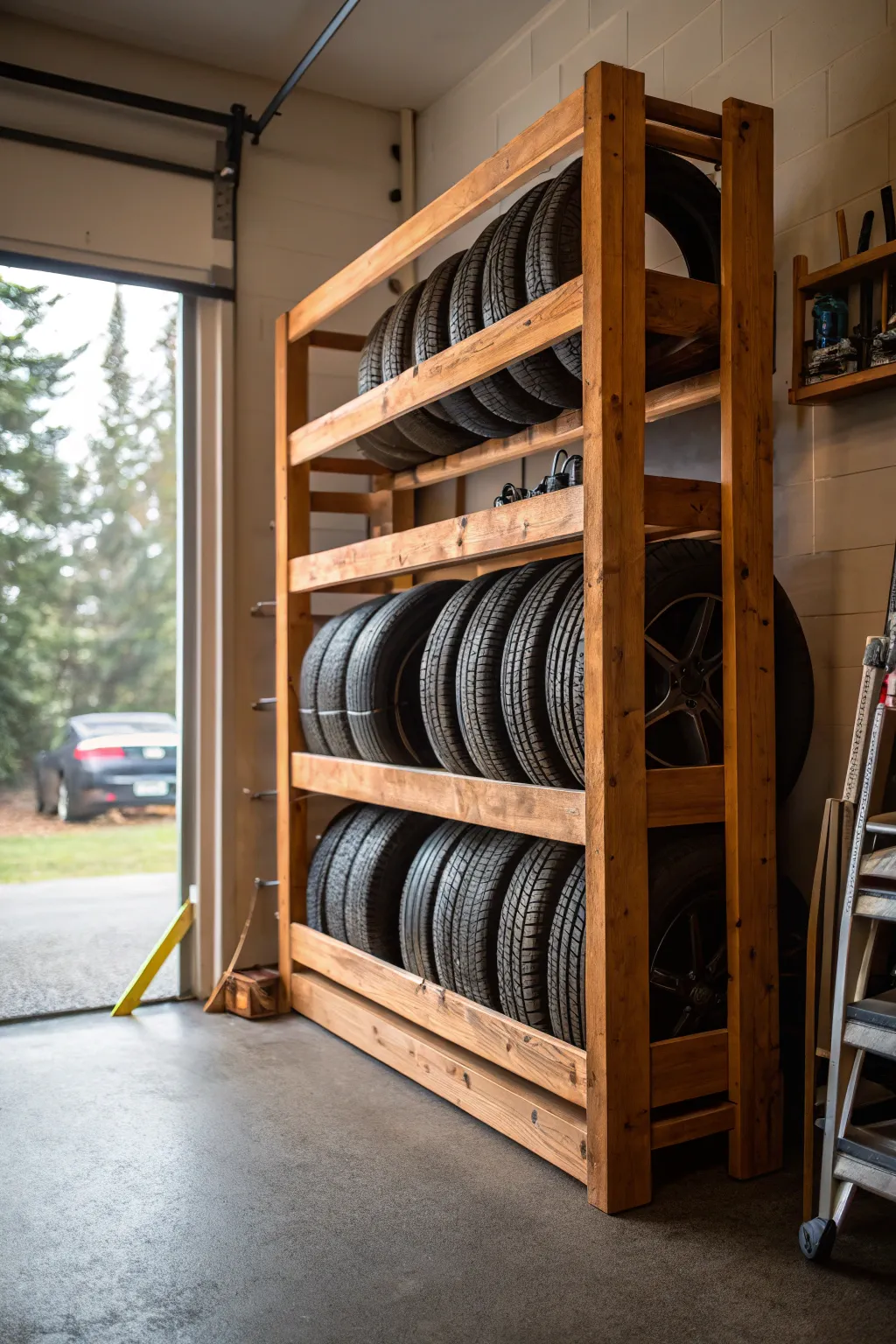 Elevate your garage organization with this elegant DIY wooden tire rack.
