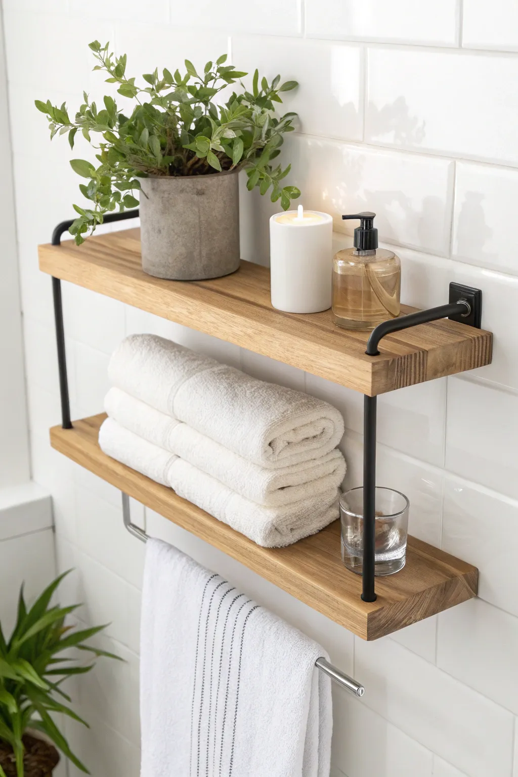 Elevate your bathroom style with a chic floating shelf rack – perfect for towels and a touch of décor!