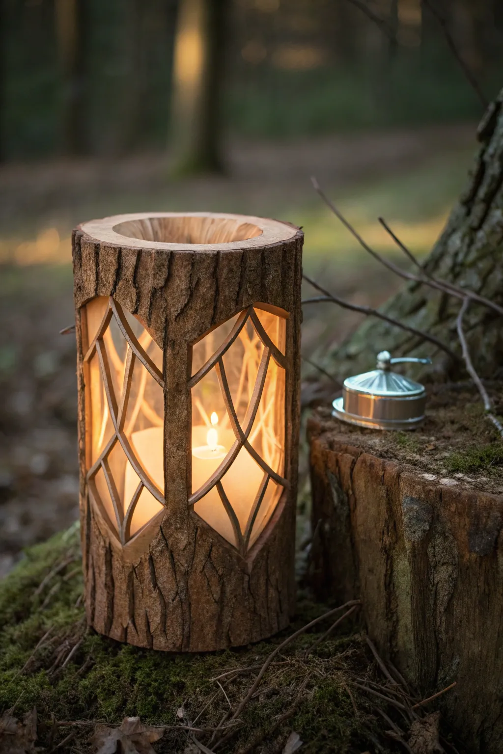 Illuminate your space with the rustic charm of a hollowed-out stump lantern.
