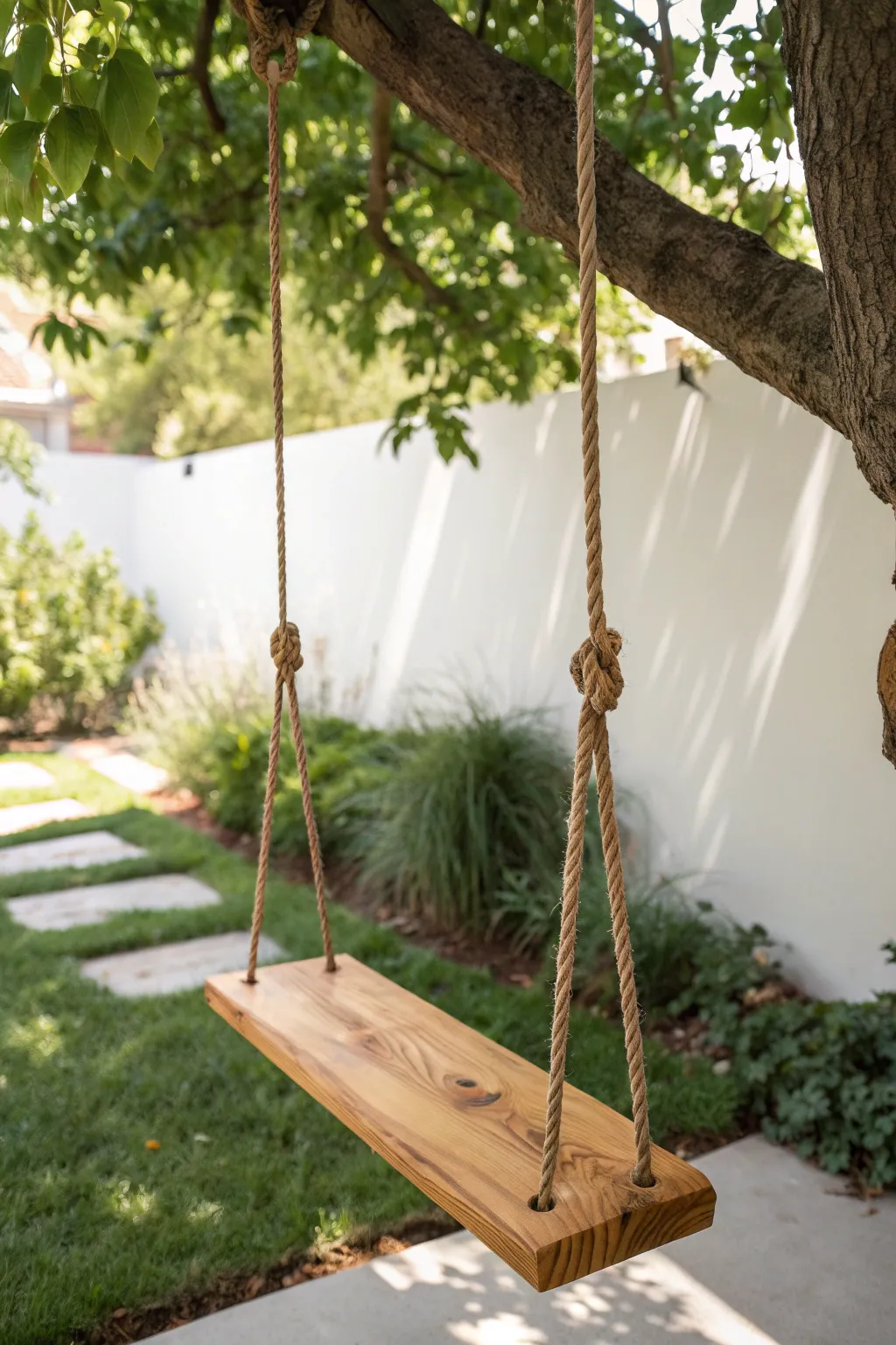 Embrace timeless simplicity with a handcrafted wooden plank swing, blending Scandinavian minimalism with bohemian charm.