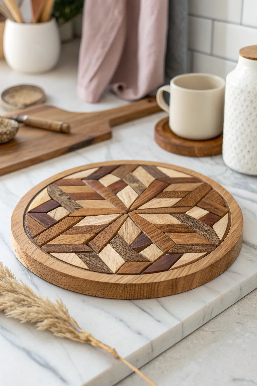 Transform leftover wood into a stunning DIY trivet that blends minimalist elegance with Boho charm. #Craftsmanship #ScandinavianStyle