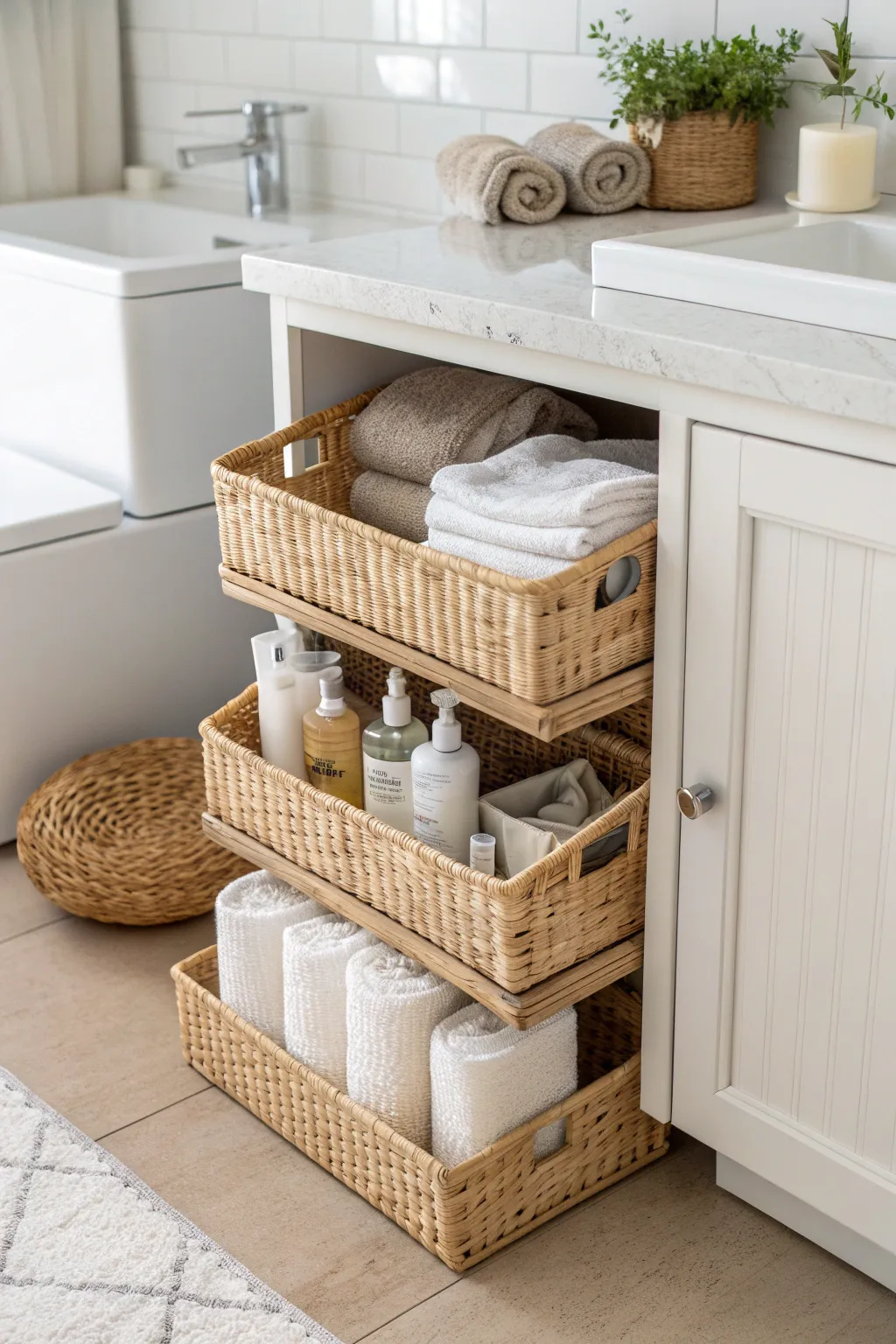 Elevate your bathroom storage with chic wicker stacking baskets—where style meets functionality in minimalist elegance.