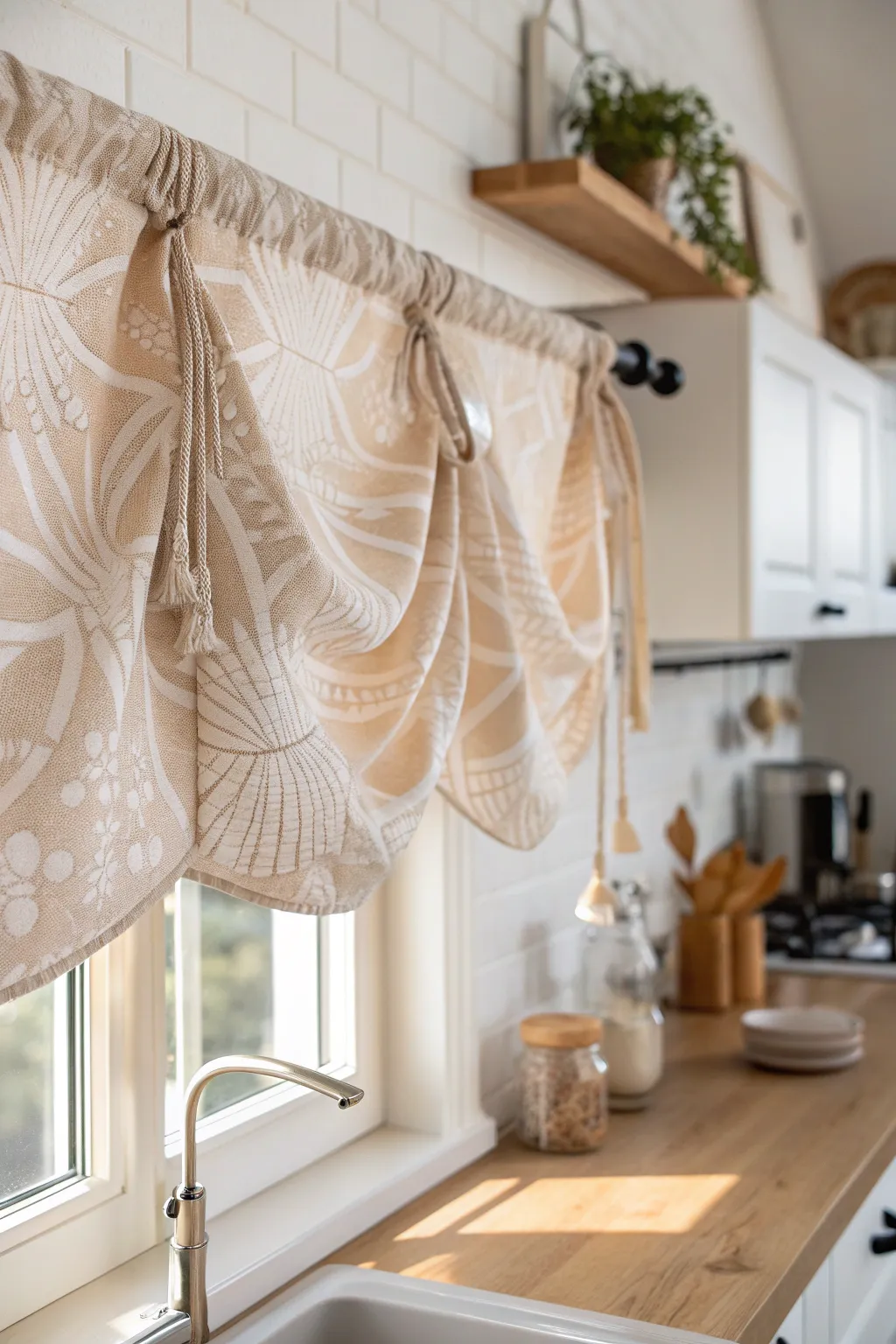 Transform your kitchen with a chic no-sew fabric valance that combines simplicity and elegance effortlessly. 🌿✨ #DIYValance #ScandiBoho