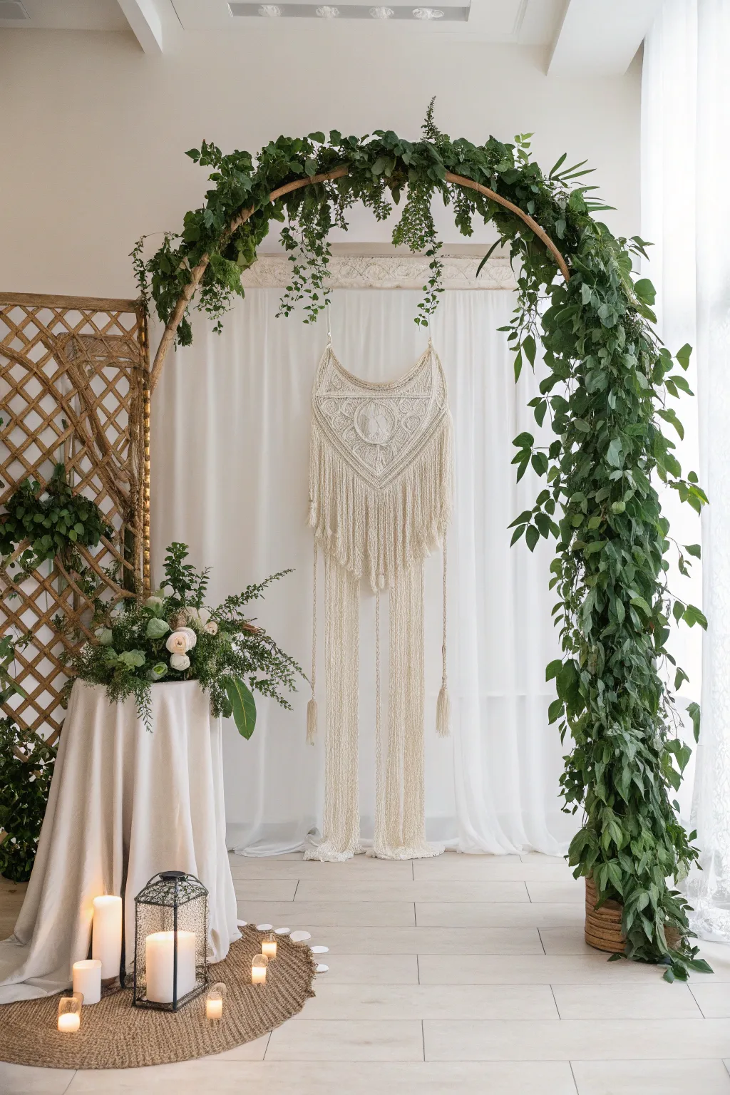Transform your wedding photos with a stunning DIY greenery wall, where minimalist elegance meets natural beauty.