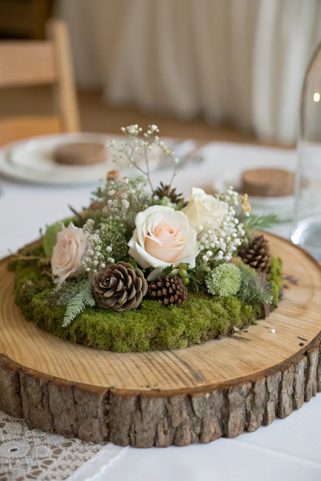 Embrace rustic elegance with these charming wood slice centerpieces, perfect for a woodland baby shower.