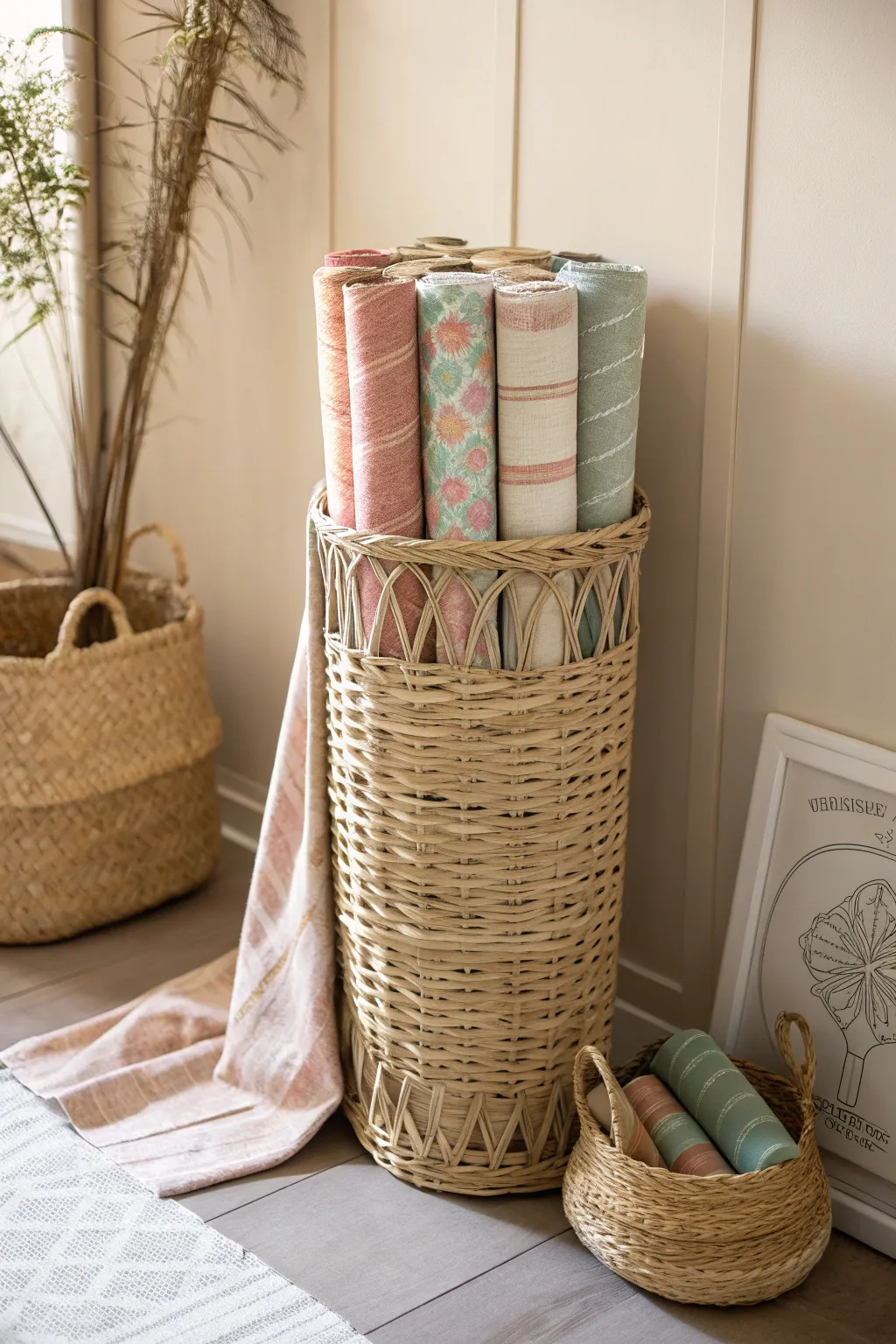 Transform your space with chic and functional vertical basket storage for your wrapping paper!