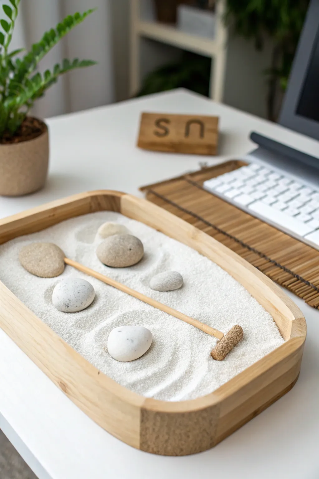 Escape the hustle with a mini desktop zen garden—where simplicity meets serenity.