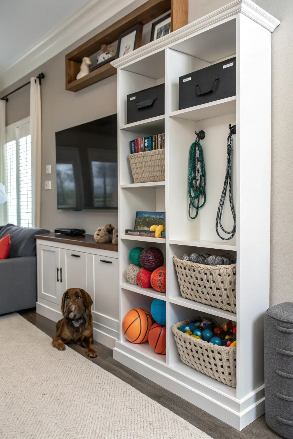 A sleek shelving unit dedicated to dog supplies, blending seamlessly into the living room decor.
