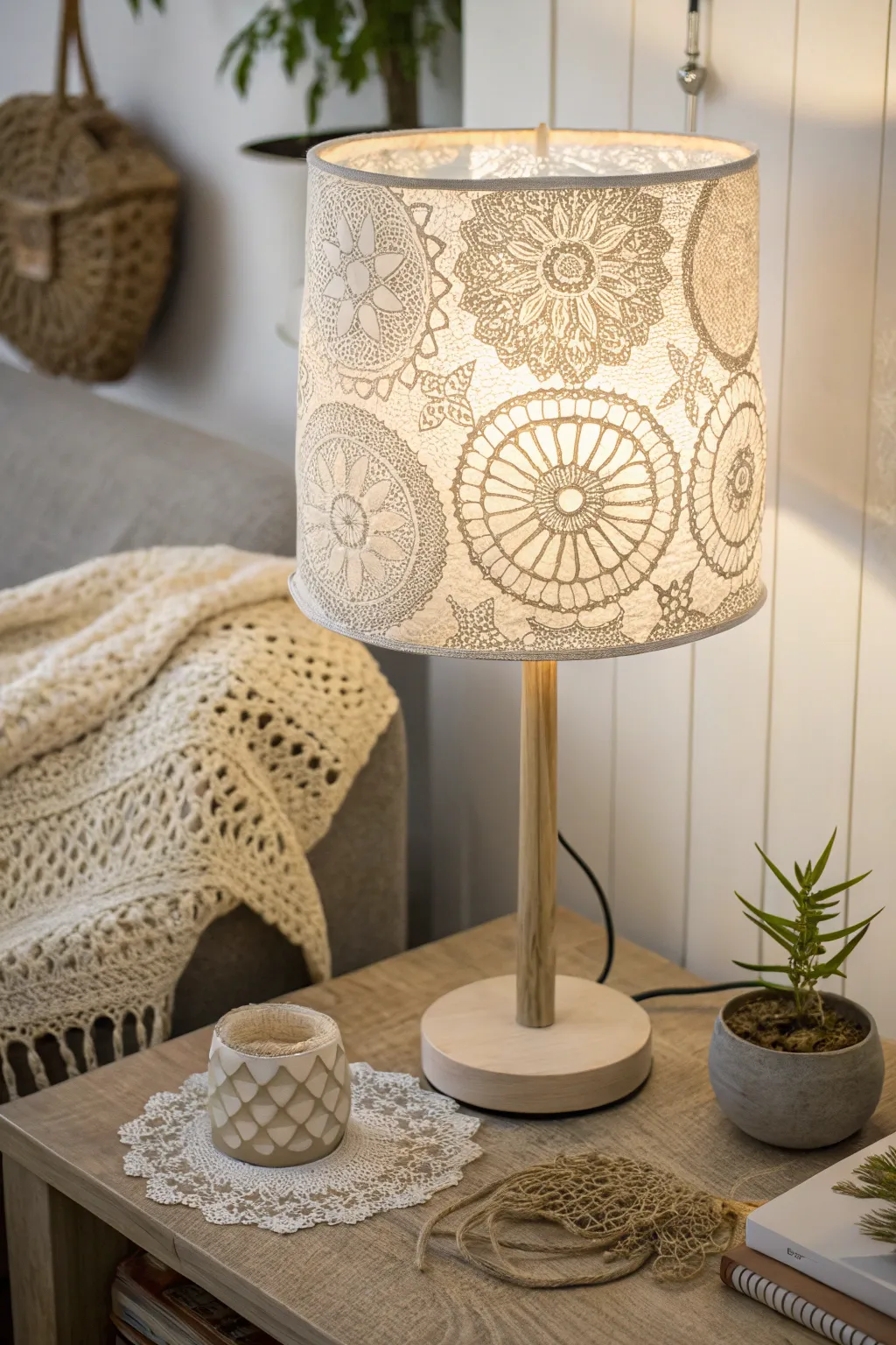 Transform your reading nook with a doily-covered lampshade for a cozy, artistic touch.