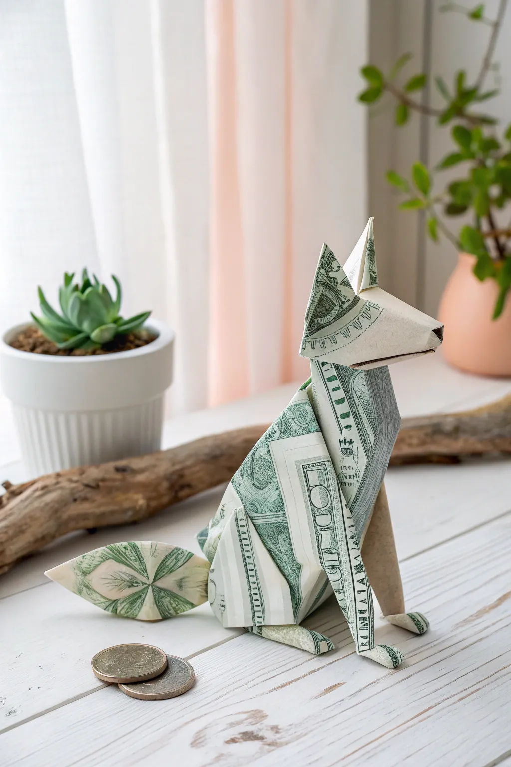Whimsical charm meets minimalist elegance with this dollar bill origami fox.