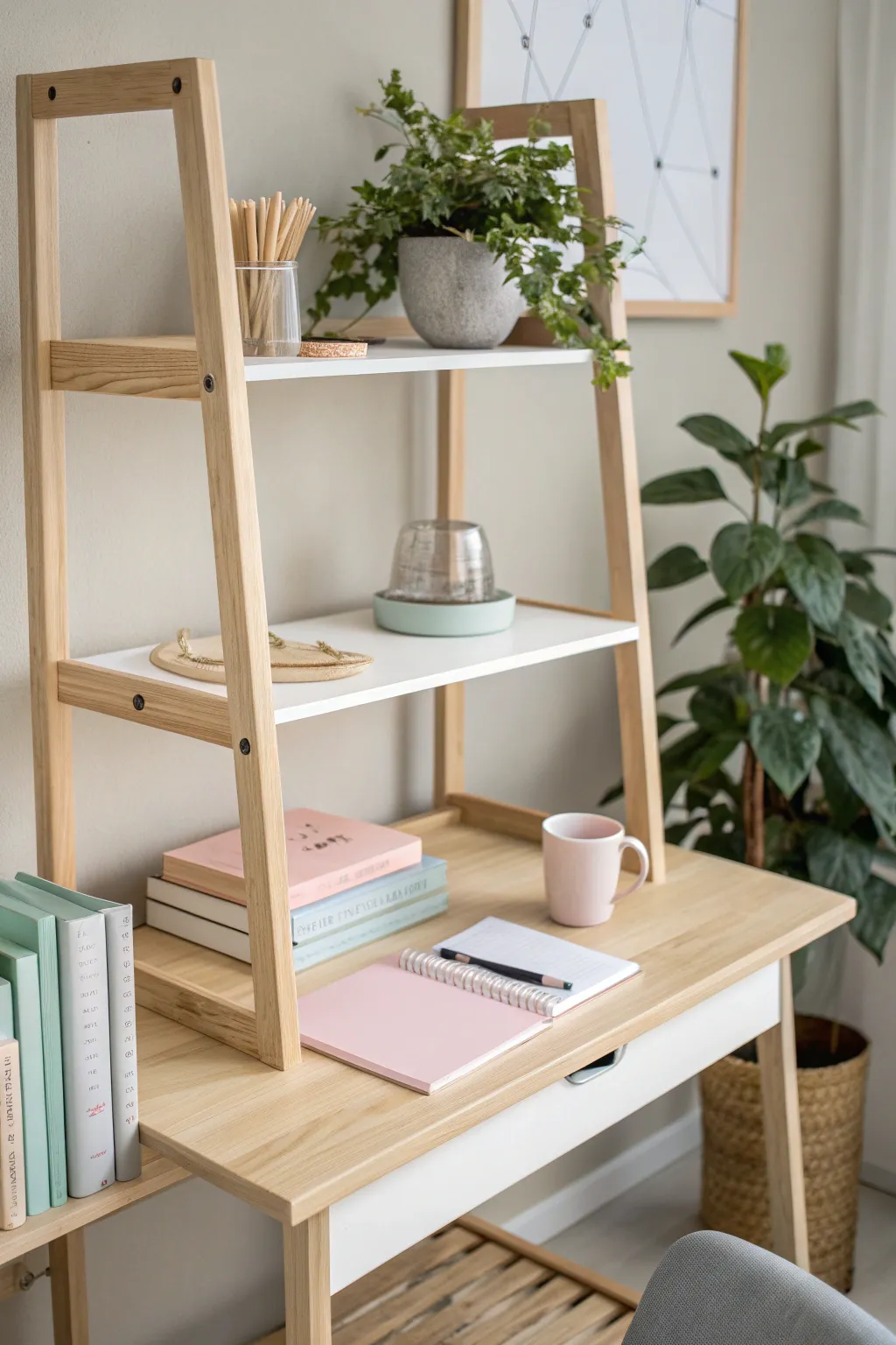 Elevate your dorm desk with a touch of Scandinavian elegance and boho charm through multi-level shelving.