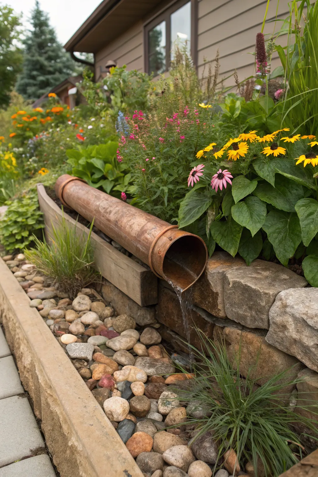 Transform your gutter into a work of art with a handcrafted downspout extension leading to a thriving rain garden!