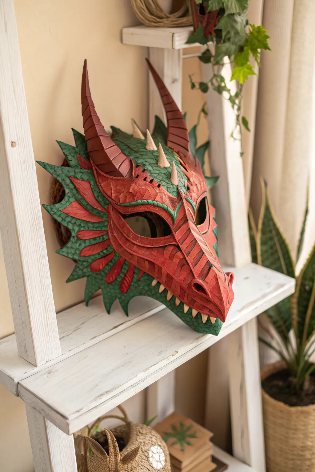 Unleash your creativity with this vibrant paper mache dragon mask, a masterpiece of simplicity and boldness.