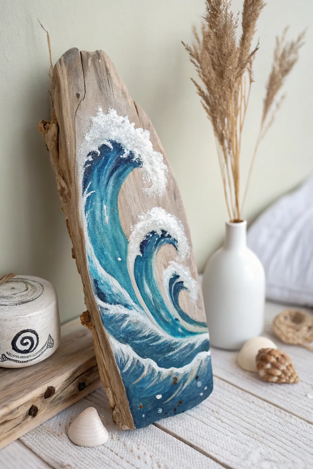 Transport your space to serene coastal shores with this beautifully painted driftwood art.