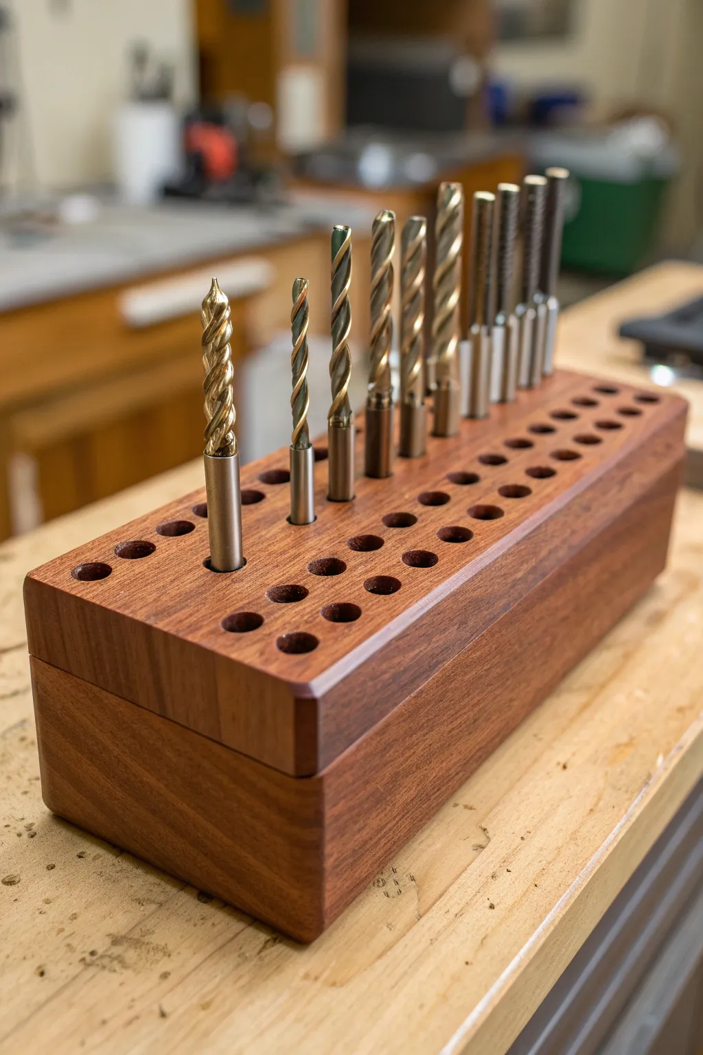 Elevate your workspace with this handcrafted wooden drill bit organizer, where functionality meets timeless elegance.