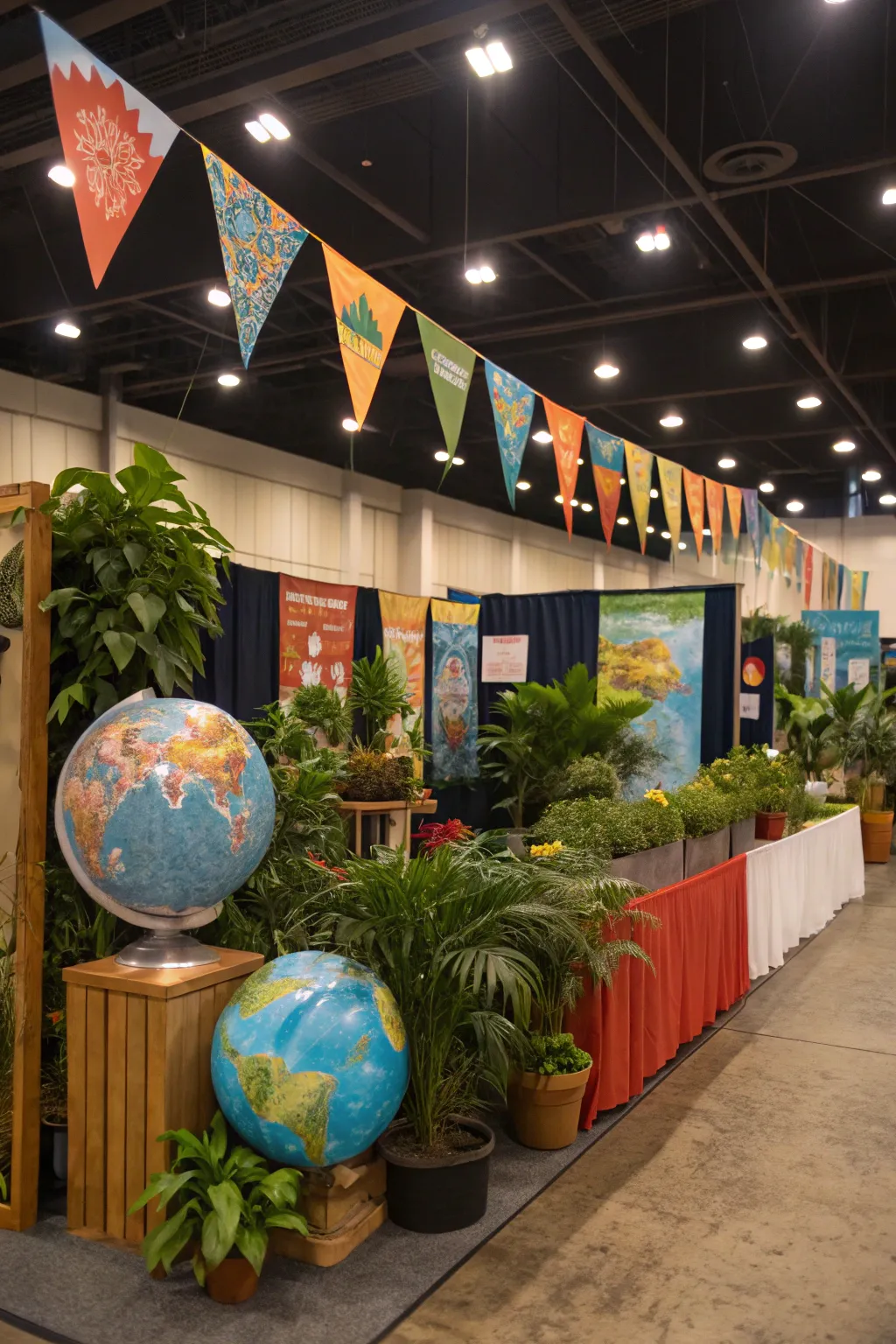 A booth adorned with Earth-inspired decor to celebrate sustainability.
