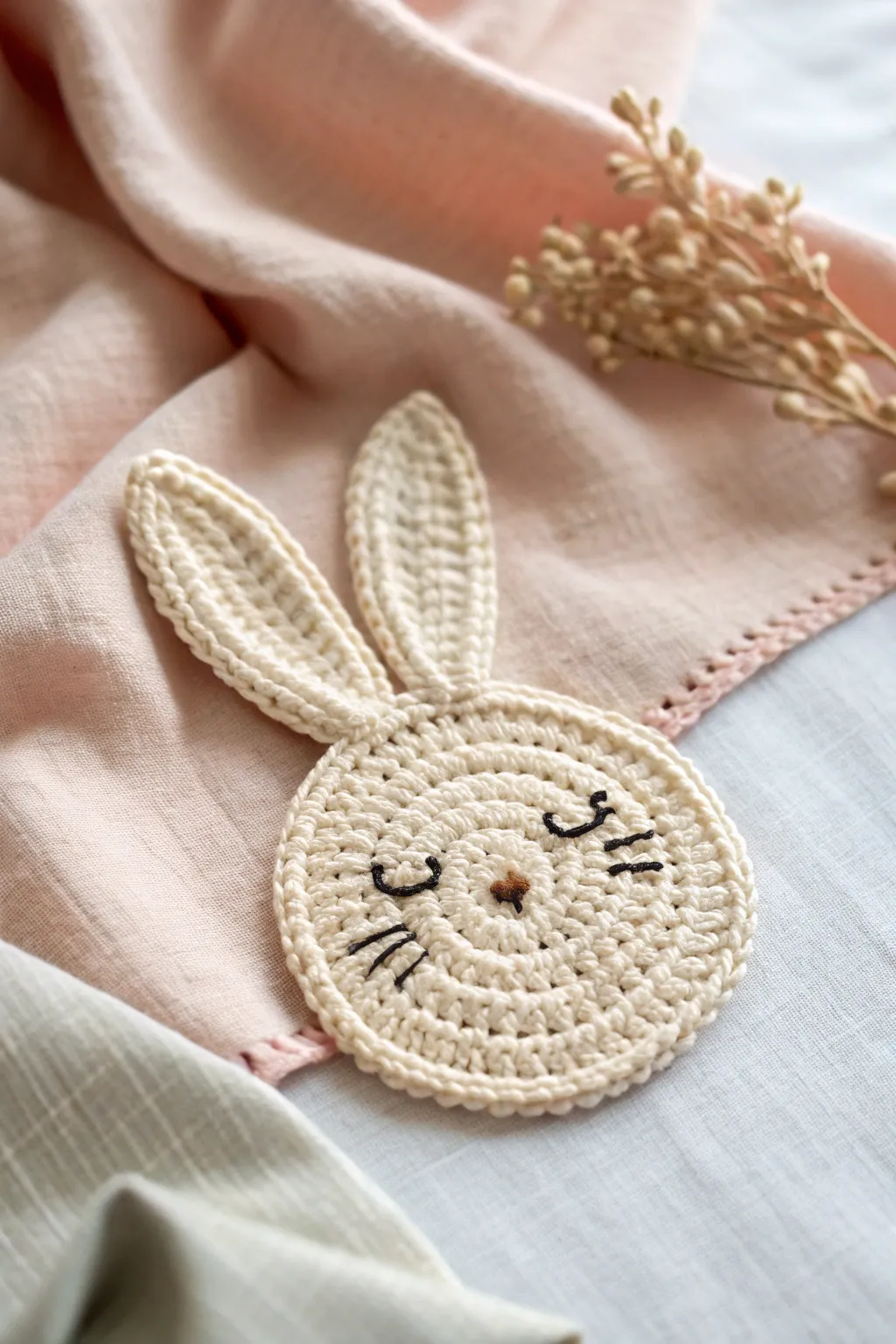 Embrace the charm of handcrafted beauty with this whimsical bunny applique. Perfect for adding a playful touch to your home decor.
