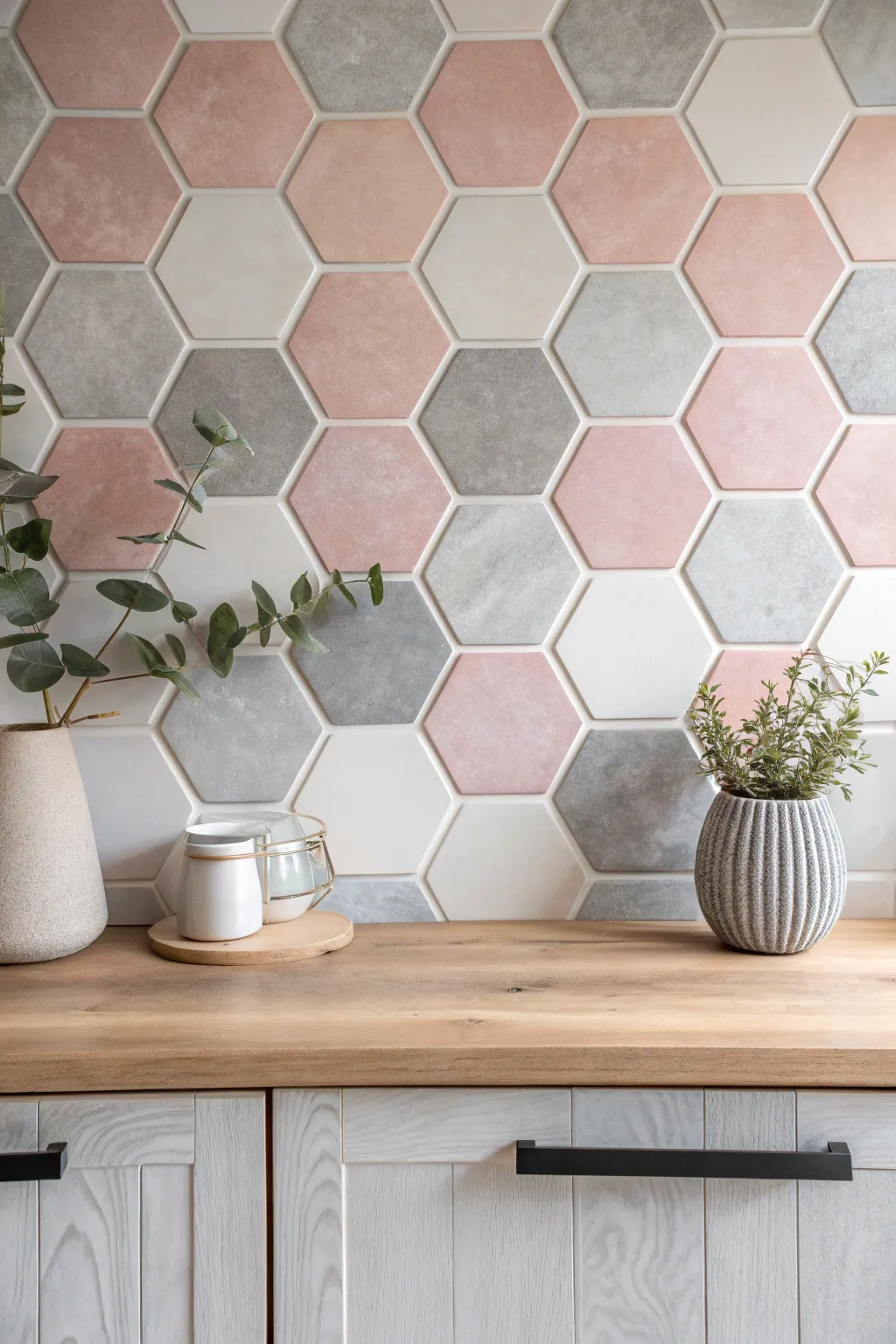 Elevate your kitchen with the timeless charm of geometric hexagon tiles—where modern style meets minimalist elegance.